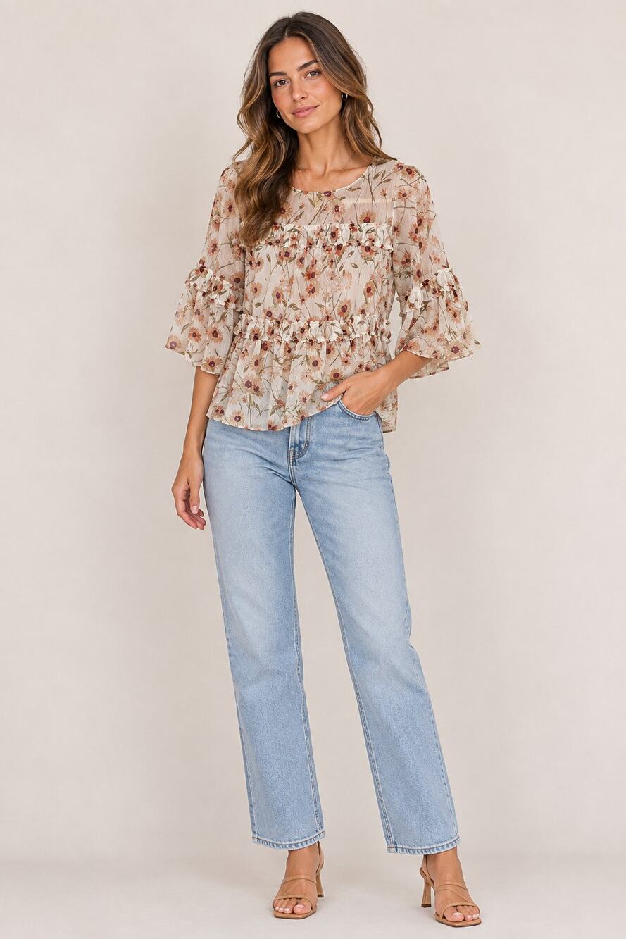 Lucky Brand Cream Sunflower Print Boho Tiered Ruffled Blouse Womens S Floral Top